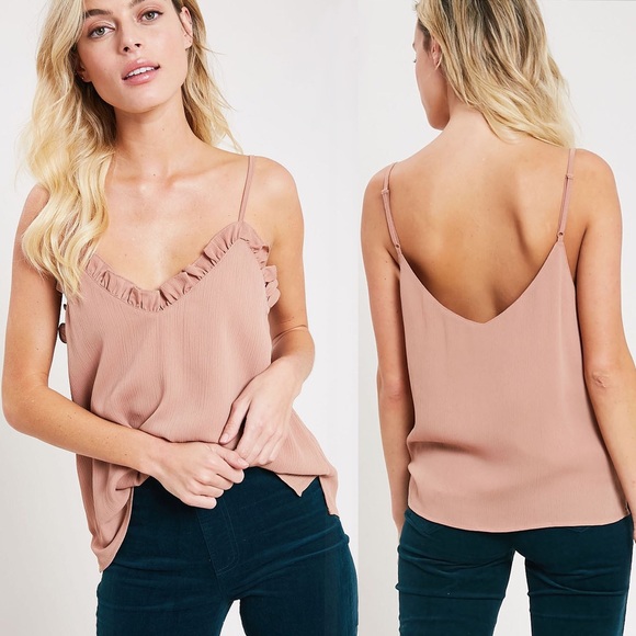 Ruffle Neckline Textured Chiffon Camisole, Ginger - Picture 3 of 6